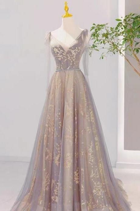 Gray Prom Dress,v-neck Party Dress,fairy Evening Dress,handmade