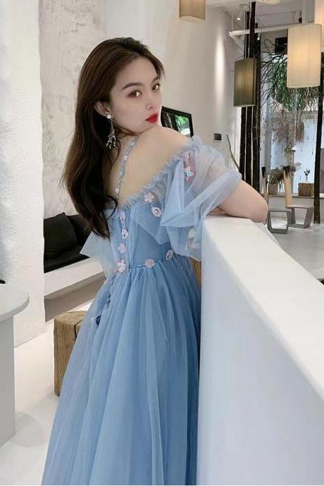 Off Shoulder Prom Dress,fairy Party Dress,blue Applique Evening Dress,handmade