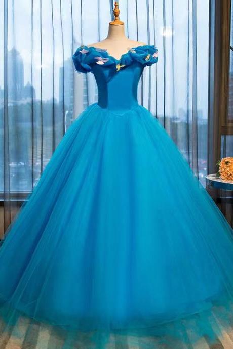 Off Shoulder Prom Dress,blue Party Dress,princess Evening Dress,pretty Ball Gown Dress,handmade
