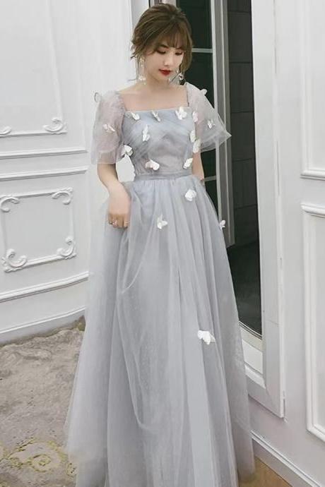 Butterfly Applique Evening Dress, Grey Prom Dress,fairy Long Party Dress,handmade