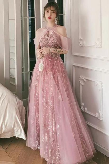 Pink Party Dress, Halter Neck Prom Dress, Sweet Fairy Evening Dress,handmade