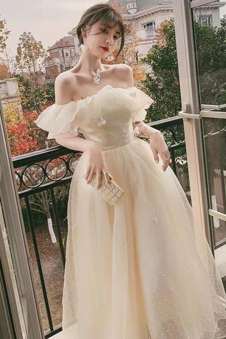 Off shoulder prom gown, Fairy birthday dress, chic midi dress, champagne bridesmaid dress,Handmade
