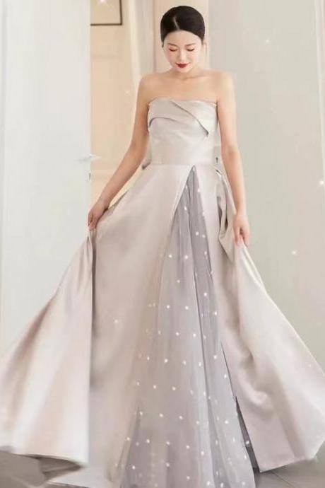 Gray Evening Dress,strapless Prom Dress,sexy Satin Party Dress,handmade