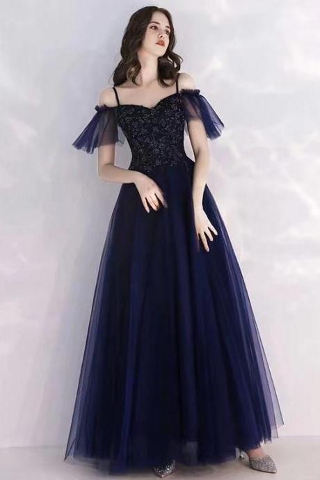 Off Shoulder Prom Gown, Fairy Birthday Dress, Navy Blue Bridesmaid Dress,handmade