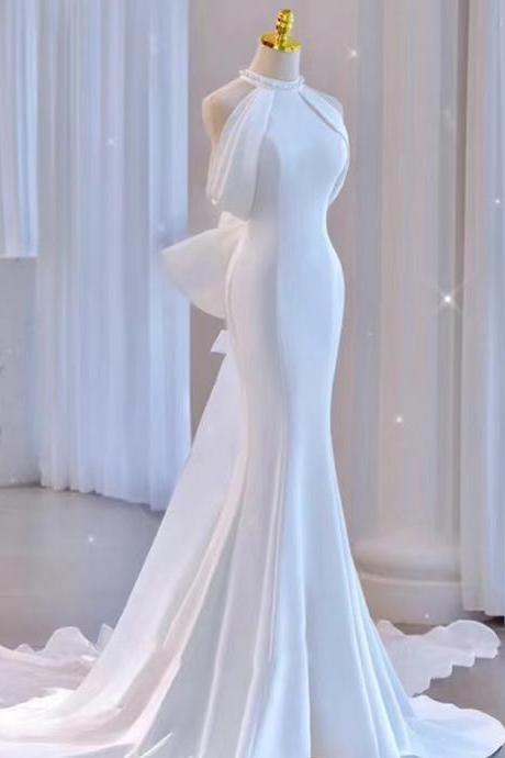 Mermaid Light Wedding Dress, Hanging Neck, Bridal Temperament Wedding Dress, Senior White Dress, Simple Satin Dress Train Dress,handmade
