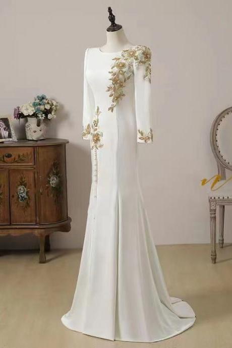Elegant Evening Dress, Temperamental Prom Dress ,white Prom Dress,long Sleeve Mermaid Dress,handmade