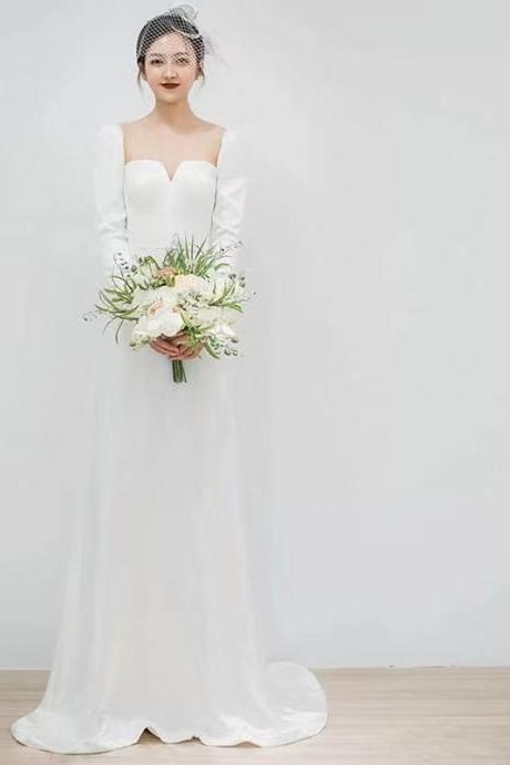 Satin Light Wedding Dress, Long Sleeve Bridal Dress, Simple Bridal Dress ,handmade