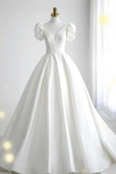 Satin Light Wedding Dress, White Bridal Dress, V-neck Wedding Dress,handmade