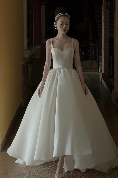 Satin Light Wedding Dress, White Bridal Dress, Spaghetti Strap Prom Dress,handmade
