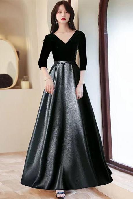 V-neck Party Dress,long Sleeve Prom Dress,black Formal Dress,handmade