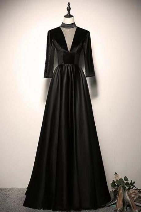 High neck party dress,long sleeve prom dress,black formal dress,Handmade