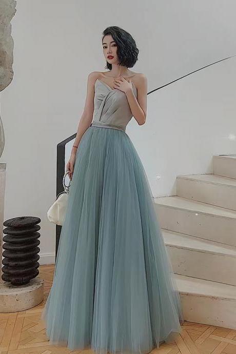 Satin Light Wedding Dress, , Blue Bridal Dress, Simple Stapless Prom Dress,handmade