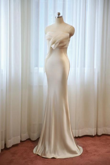 Satin Light Wedding Dres, White Bridal Dress, Simple Stapless Bodycon Dress,handmade