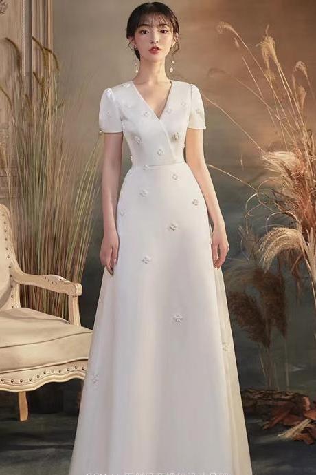 Satin Wedding Dress, , White Bridal Dress, V-neck Bridal Dress,handmade