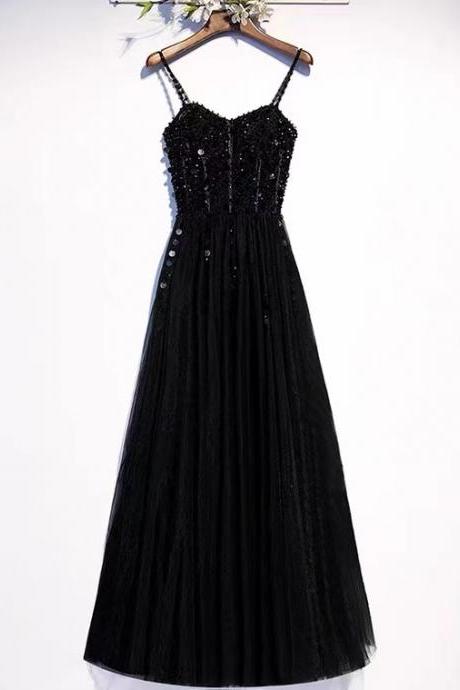 Spaghetti Strap Party Dress,black Prom Dress ,sexy Evening Dress With Bead, Sexy Bridesmaid Dress,handmade