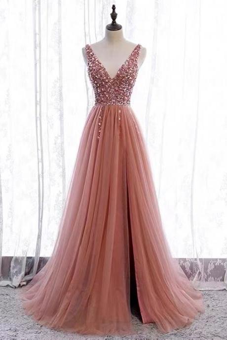 V-neck Party Dress,pink Prom Dress ,sexy Slit Evening Dress , Chic Bridesmaid Dress,handmade
