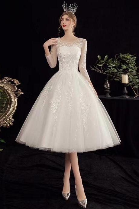 Long Sleeve Bridal Gown, White Wedding Dress,tulle Midi Bridal Dress,handmade