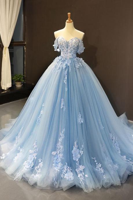 Blue Wedding Dresses , Lace Applique Elegant Ball Gown Dresses,off The Shoulder Wedding Ball Gown,handmade