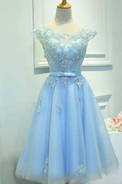 Light Blue Cap Sleeves Tea Length Vintage Style Formal Dress, Blue Homecoming Dresses,handmade