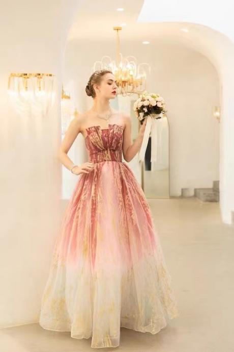 Gradient Pink Wedding Dress, Strapless Evening Gown,handmade