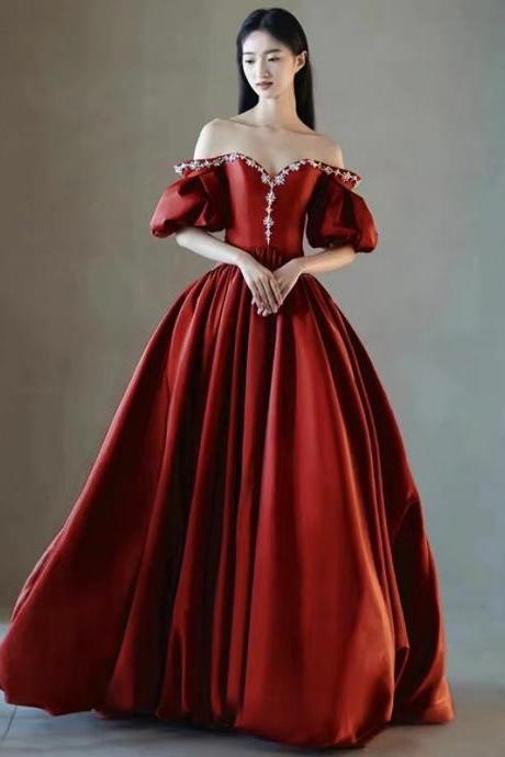Bridal Red Dress, Temperament Off-shoulder Prom Dress, Noble Evening Dress,,handmade
