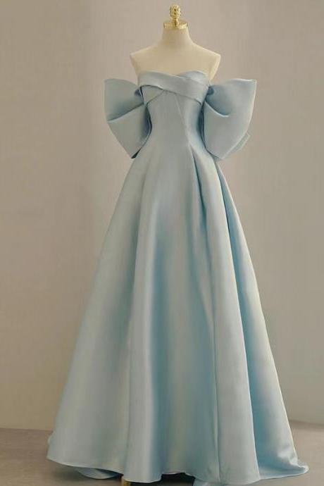 Style, Off Shoulder Satin Dress, Blue Prom Dress, Cute Evening Dress, Sweet Party Dress,handmade