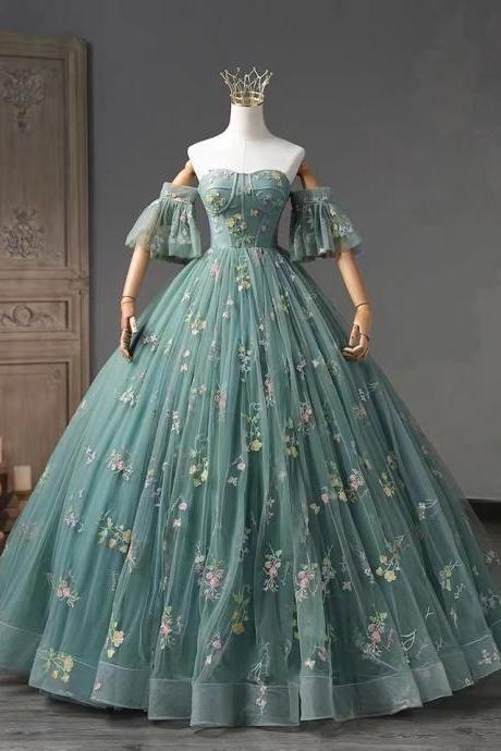 Princess Temperament Party Dress, Unique Pompous Dress, Green Embroidered Dress, Handmade