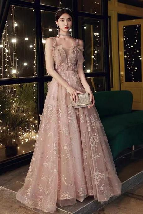 Spaghetti Strap Prom Dress, Pink Evening Dress, Sweet Party Dress,fairy Graduation Dress,handmade