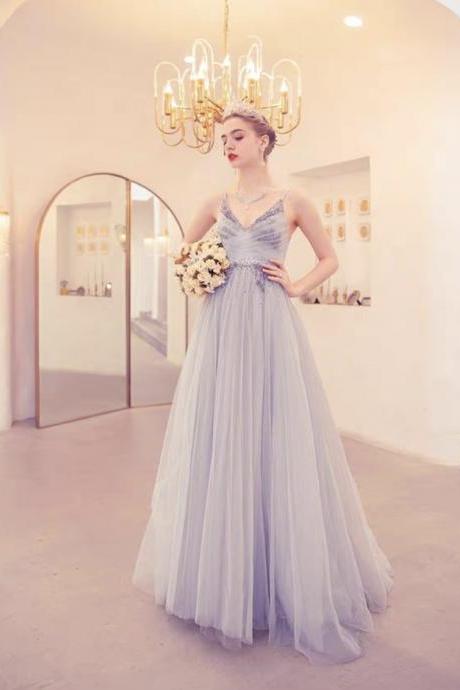 Deep V-neck Party Dress,spaghetti Strap Light Blue Dress, Sexy Wedding Dress,handmade