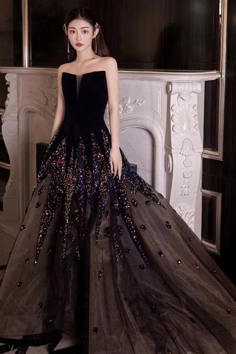 Glit Prom Dress， Senior Sense Light Luxury Evening Dress, Black Evening Dress,strapless Party Dress,handmade