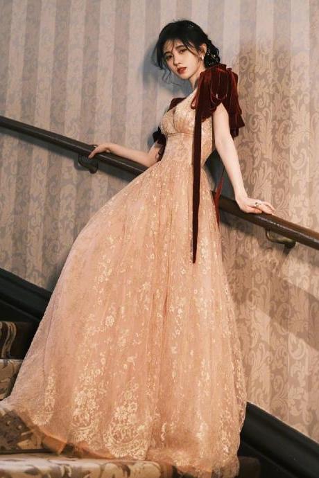 V-neck Evening Dress , Fairy Senior Sense Party Dress, Lace Dress,champaghe Prom Dress,handmade