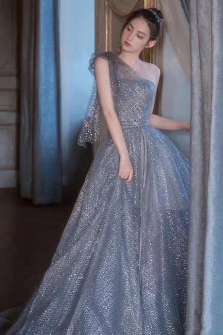 One Shoulder Evening Dress , Fairy Senior Sense Party Dress, Blue Prom Dress,handmade