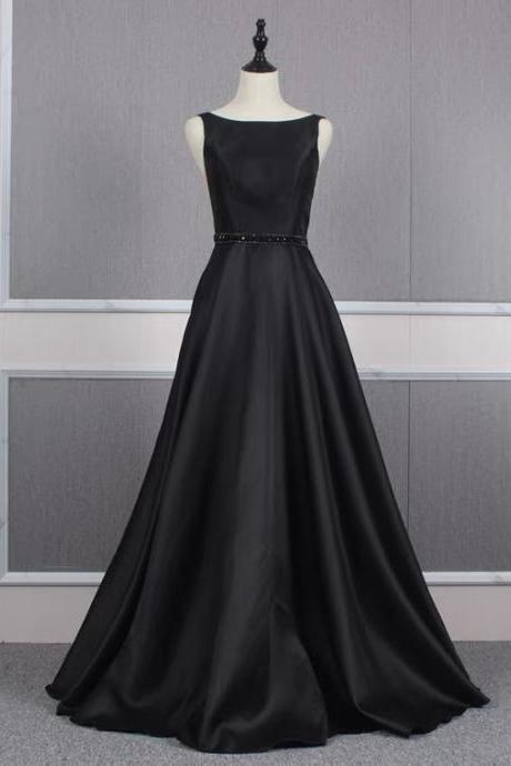 Black Evening Dress, O-neck Prom Dress, Elegant Formal Dress,satin Evening Dress,handmade