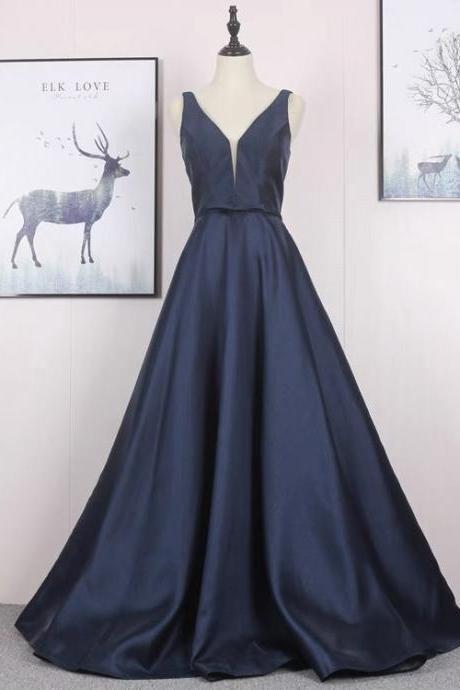Navy Blue Evening Dress,satin Evening Dress,v-neck Prom Dress,elegant Formal Dress,handmade