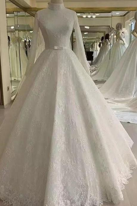 Long Sleeve Wedding Dress, White Floor Shag Bridal Dress, Lace Muslim Wedding Dress,handmade