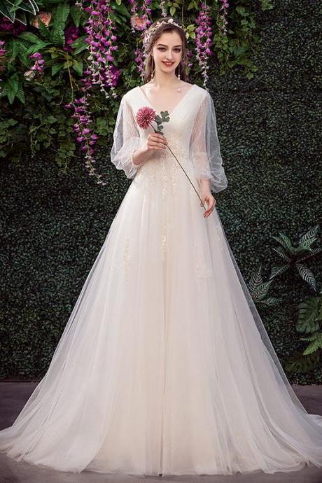 Light Wedding Dress, Fairy Wedding Dress, Bridal Simple Bridal Dress, V-neck Small Train Dress,handmade