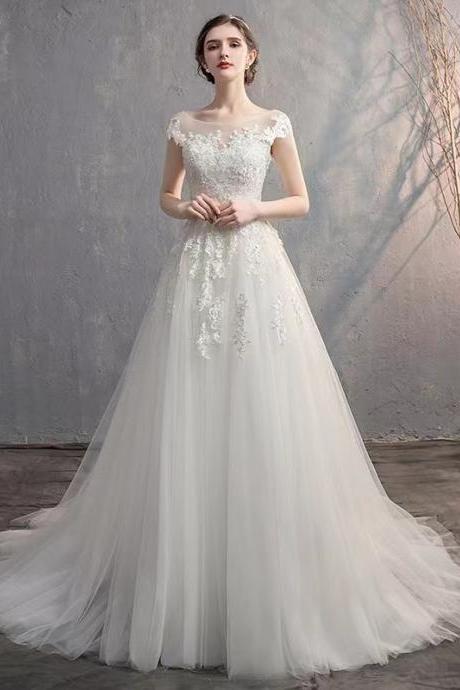 Cap Sleeve Wedding Dress, White Wedding Dress, Bridal Simple Bridal Dress, ,handmade