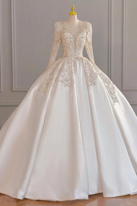Long Sleeve Wedding Dress, White Wedding Dress, Elegant Bridal Dress ,handmade