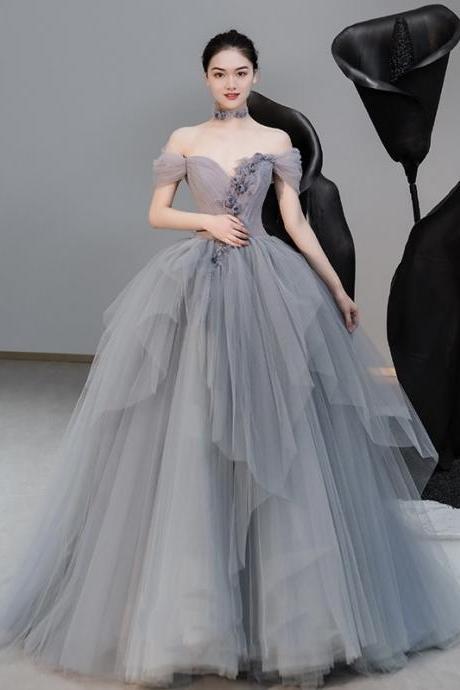 Off Shoulder Wedding Dress, Gray Blue Wedding Dress, Fairy Party Dress ,handmade