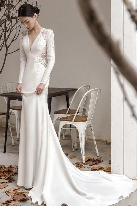 V-neck Wedding Dress, Bridal Satin Wedding Dress,long Sleeve Atmospheric Bridal Dress,handmade