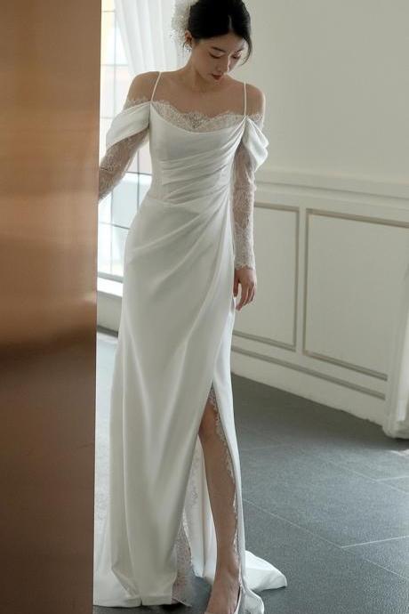 Long Sleeve Wedding Dress, White Wedding Dress, Chic Lace Bridal Dress ,handmade