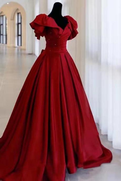 Burgundy Satin Bridal Gown, Off-the-shoulder Evening Gown,handmade