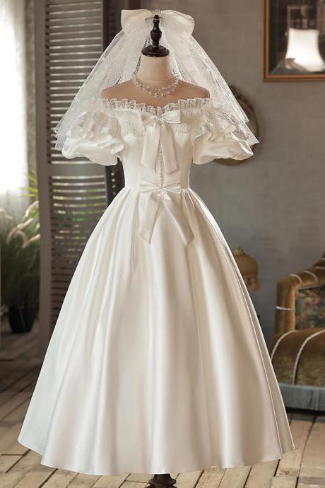 Vintage Satin Light Wedding Dress, Sweet Bridal Dress, Princess Birthday Dress, White Dress,handmade