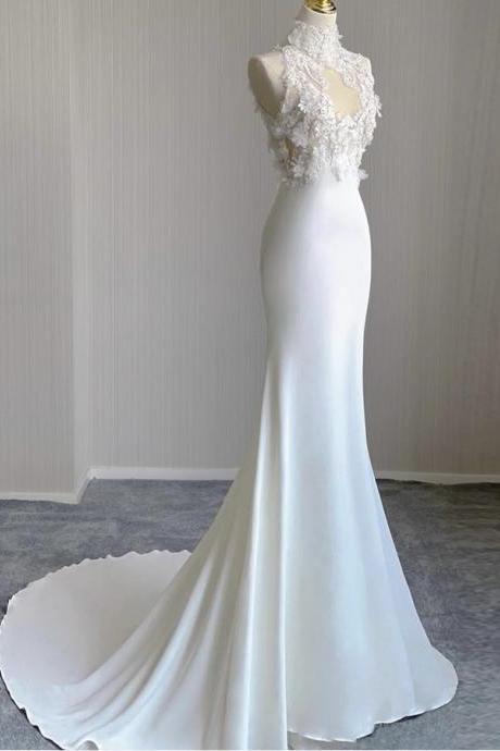 Long Sleeve Wedding Dress, White Wedding Dress, Chic Lace Bridal Dress ,handmade