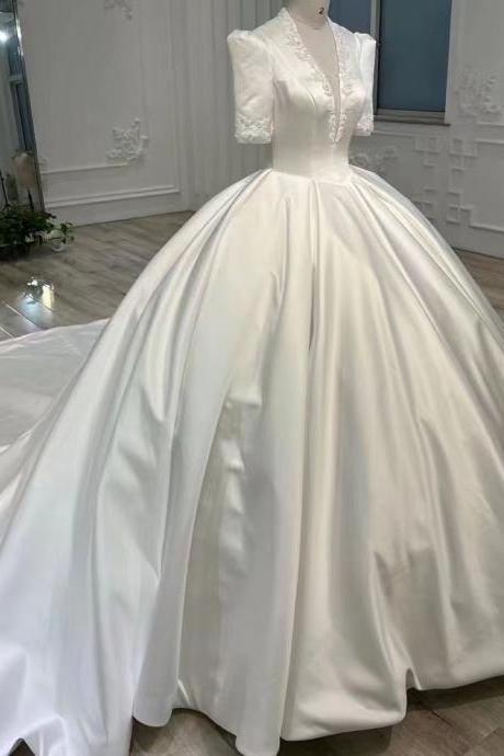 White Bridal Dress,v-neck Wedding Dress,ball Gown Satin Wedding Dress,long Sleeve Bridal Dress,handmade