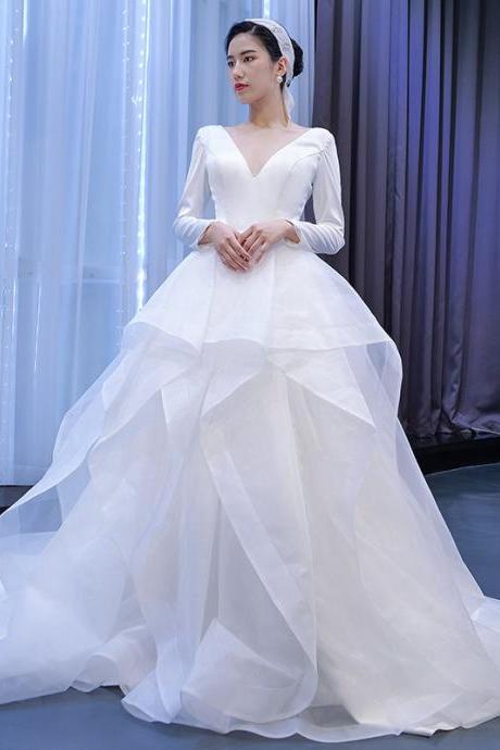White Bridal Dress,ball Gown Satin Wedding Dress,long Sleeve Bridal Dress,handmade