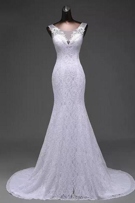 White Bridal Dress,sleeveless Wedding Dress,lace Mermaid Wedding Dress,handmade