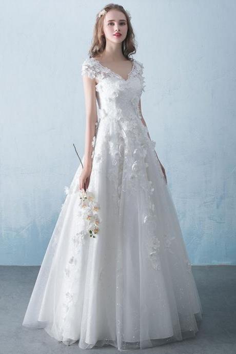 V-neck Wedding Dress,chic Wedding Dress,unique Bridal Dress With Applique ,handmade