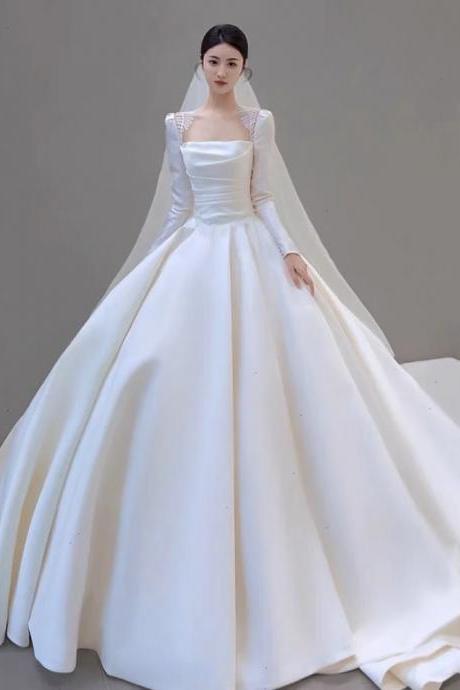 Long Sleeve Wedding Dress, Satin Light Wedding Dress, Bridal Dress, Train French Princess Dress,handmade