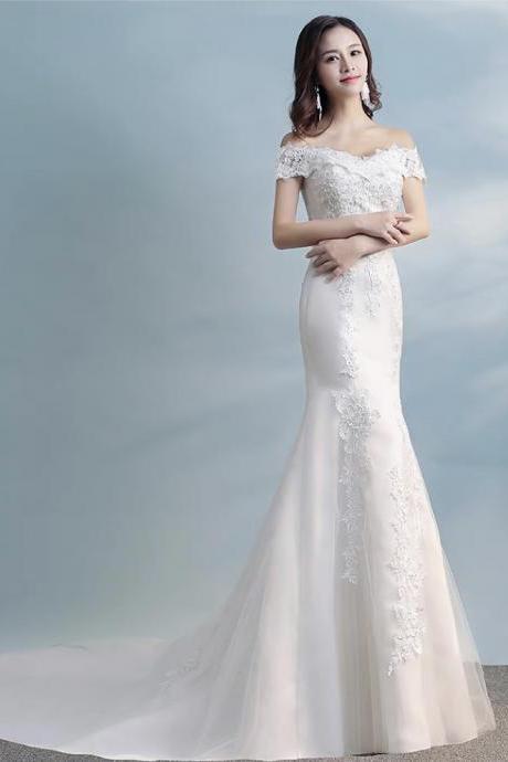 Tulle Wedding Dress, Bride Princess Dress, Off-shoulder Wedding Dress, Temperament Slim Mermaid Dress,handmade